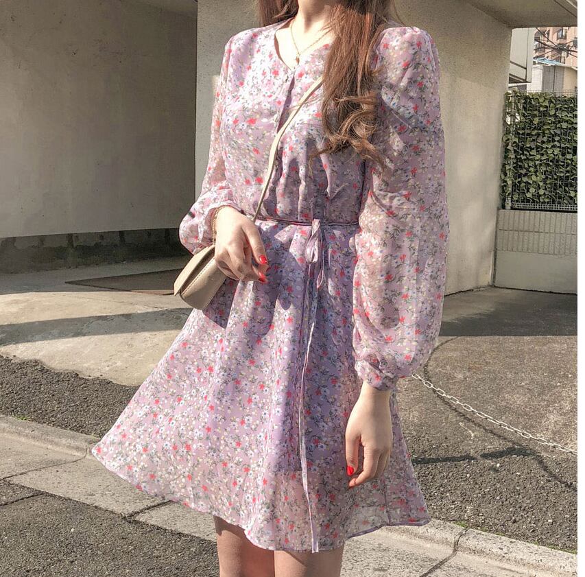 正規品 パープル ミニ丈 シフォン 花柄 ワンピース ガーリー お出63 デート フレア ひざ丈ワンピース