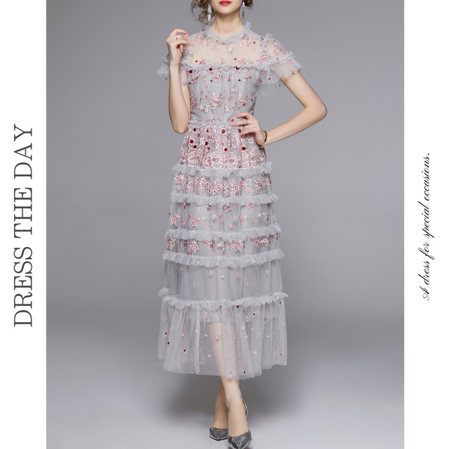 チュール刺繍シアーフリルドレス D0022