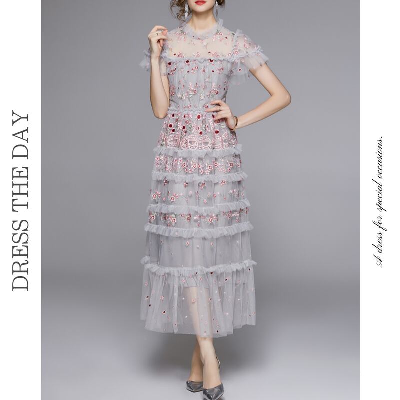 チュール刺繍シアーフリルドレス D0022