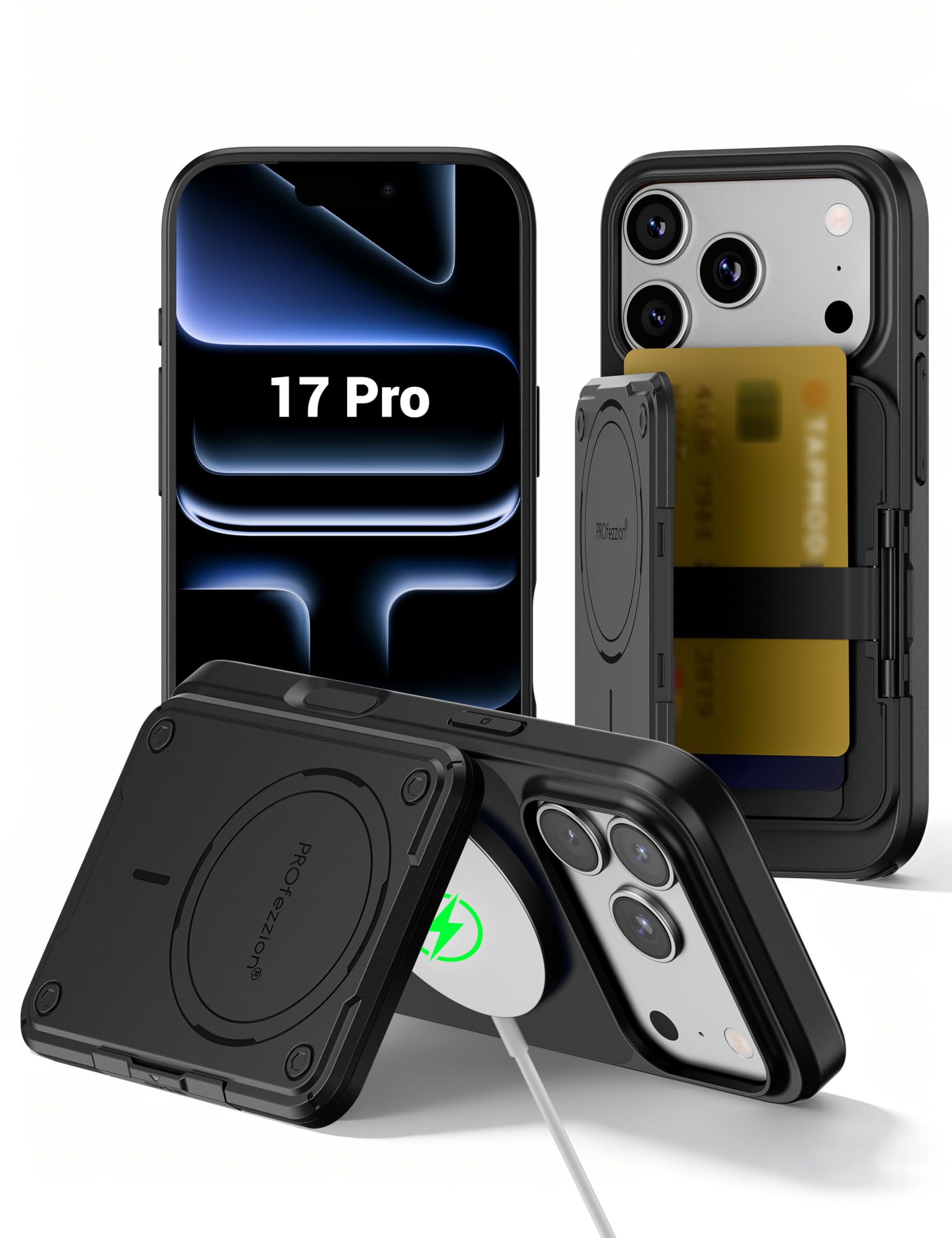 【取り外し不要、ワイヤレス充電可】PROfezzion iPhone 18 Pro ケース Magsafeカードケース 背面 3枚収納 スキミング防止