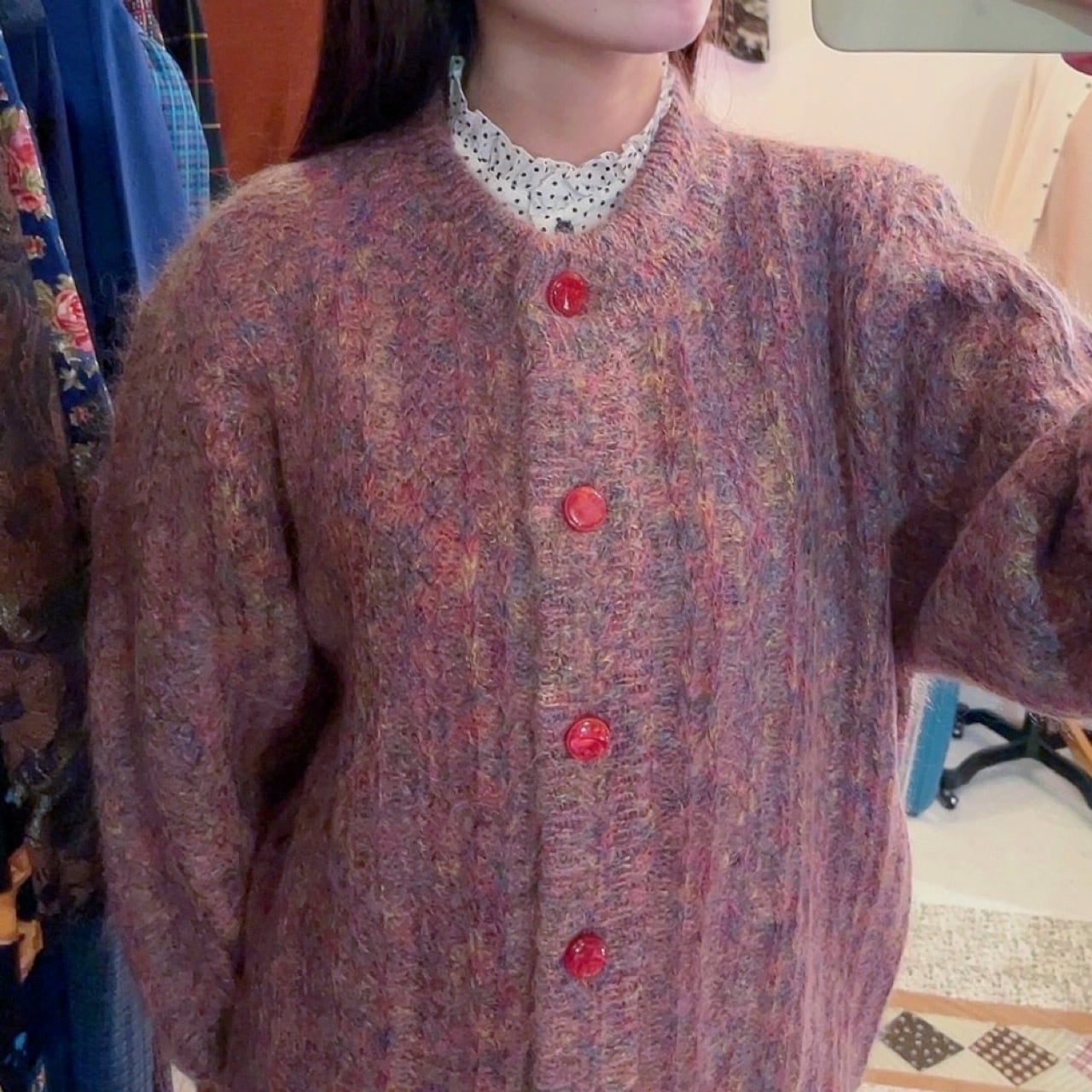 pink mix yarn liner knit cardigan