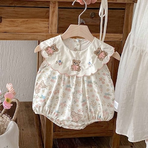 【BABY】夏作かわいいくまちゃん刺繍ロンパース