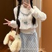 【2点セット】2種/チェックフリルファータッチニットトップス+フリルヘムスカート ・79309