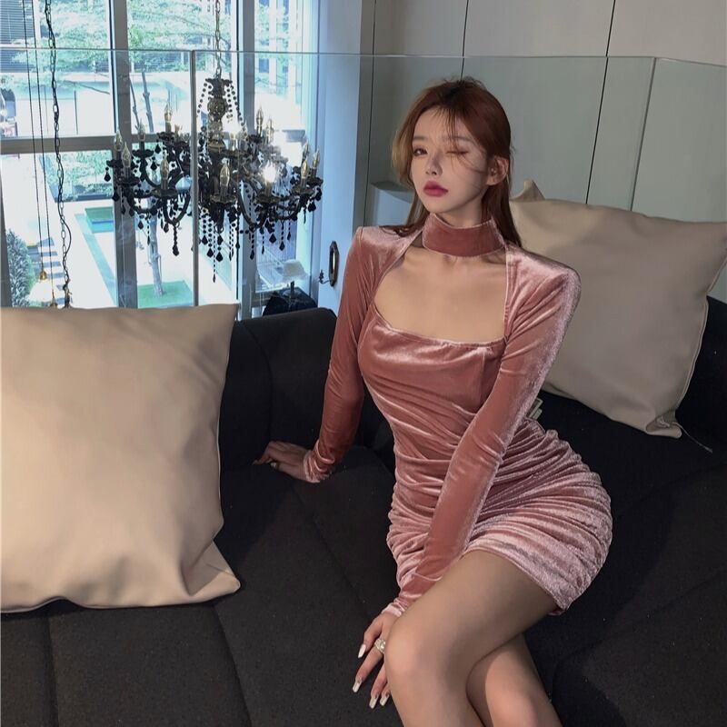 ベルベットドレス ウェストショートスカート スプリング ロング ピンク 春物 ブラックストロベリース1473843307