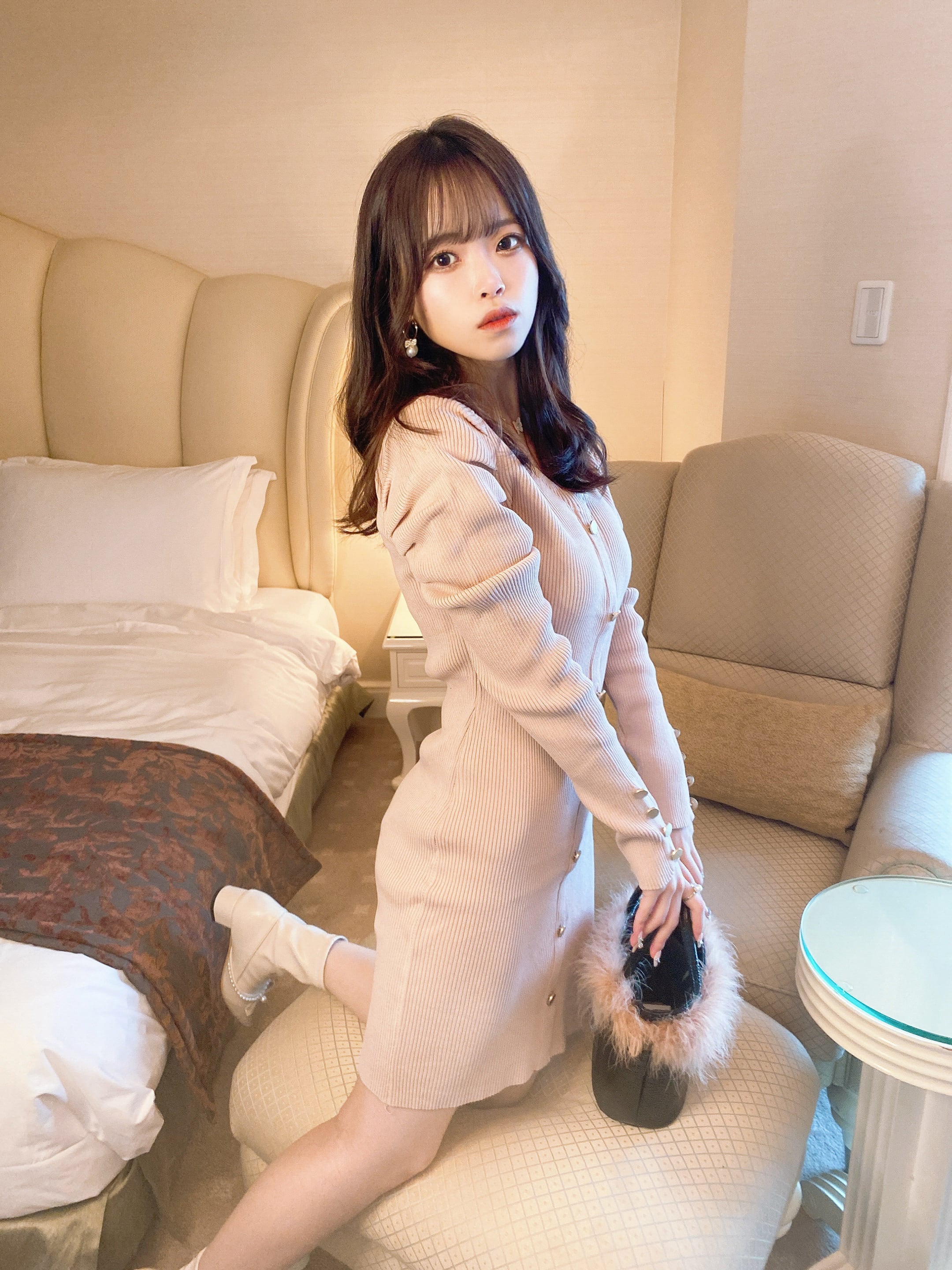 tight rib knit onepiece(pink beige) | POMME d