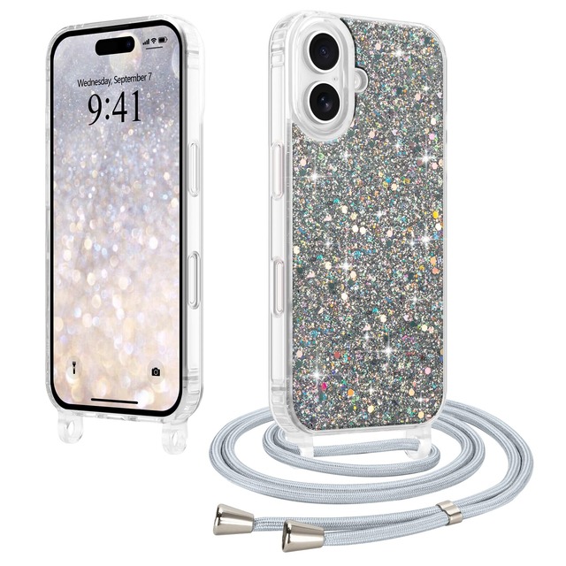 LCHULLE 用の iPhone 16 ケース キラキラ ラメ ショルダー ストラップ付き カバー かわいい グリッター 女の子 韓国 おしゃれ 斜めかけ 肩掛け 軽量 耐衝撃 TPU 落下防止 ネックストラップ 長さ調整可能 用の アイフォン 16 スマホケース(シルバー)