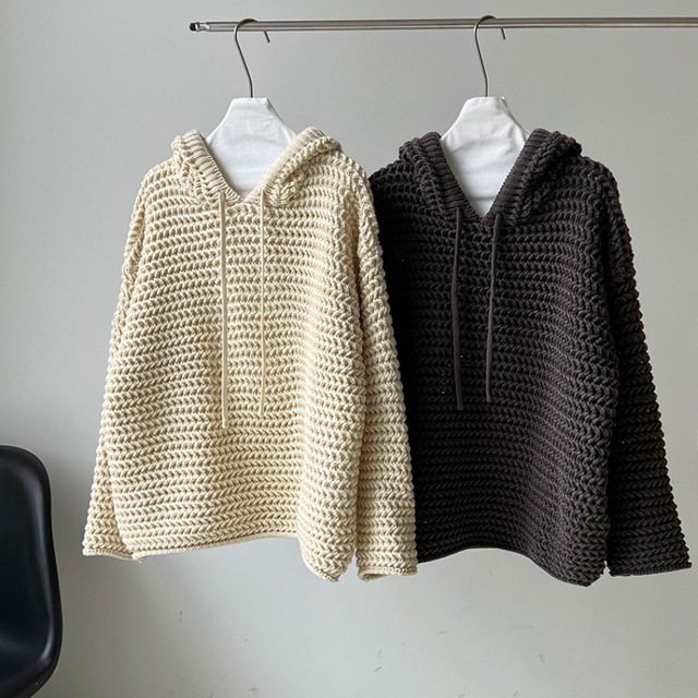 chunky knit hoodie　J00285