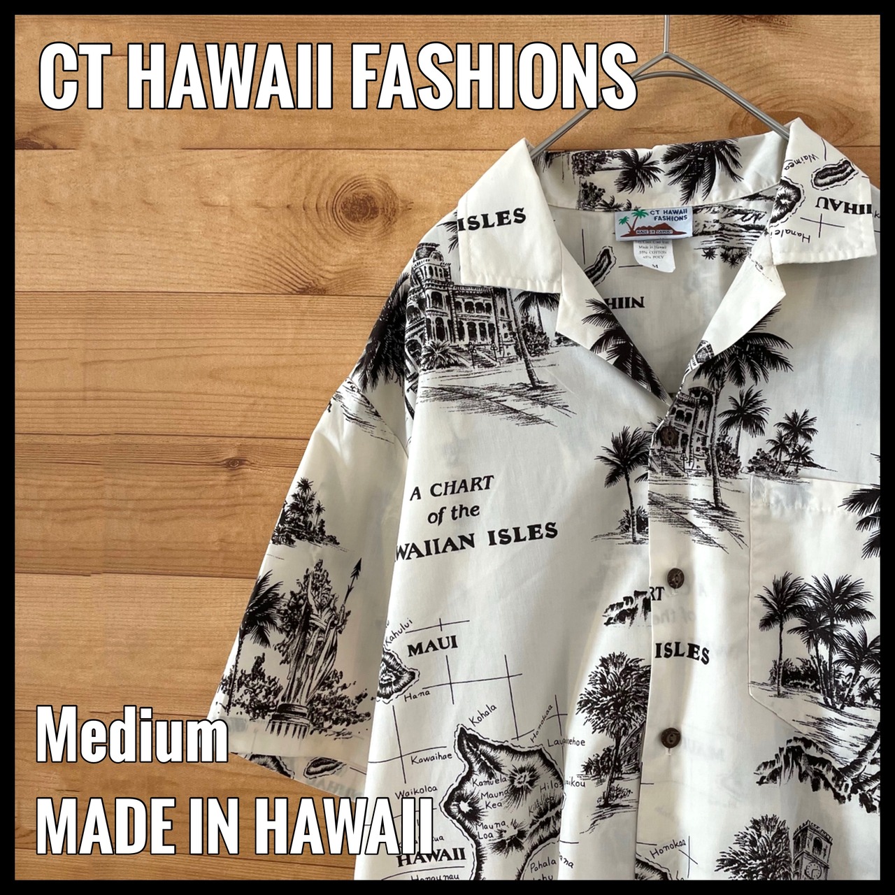 【CT HAWAII FASHIONS】ハワイ製 アロハシャツ  地図 地名 椰子の木 総柄 Mサイズ US古着 アメリカ古着