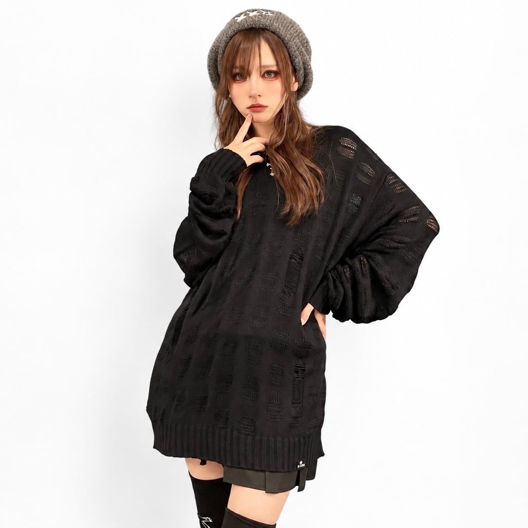 透かし編みダメージニットトップス【BLACK】. | NIER CLOTHING
