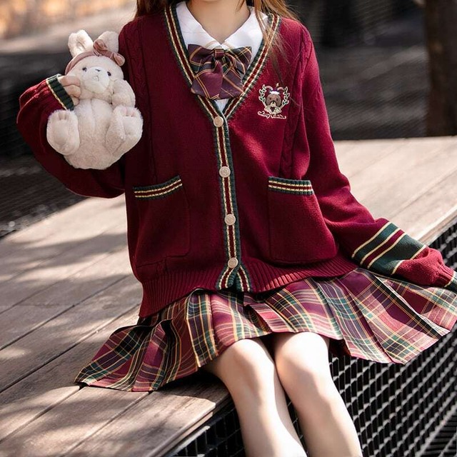 小熊 JK制服 チェック柄 アウター 刺繍 新年 ニット 単品カーディガン セーター