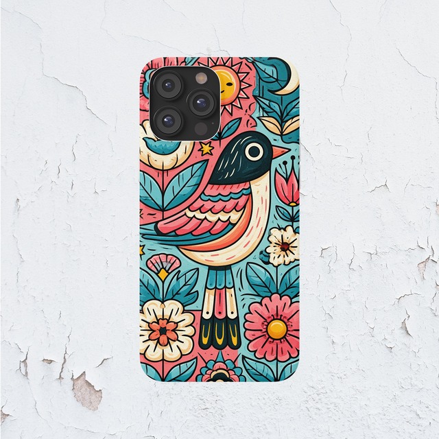 受注生産 iPhoneケース 鳥と花のサイケ民芸柄｜鳥モチーフ PSYF062B