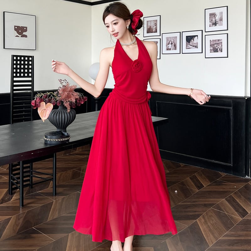 【dress】ノースリーブホルターネックロングワンピース Q8190