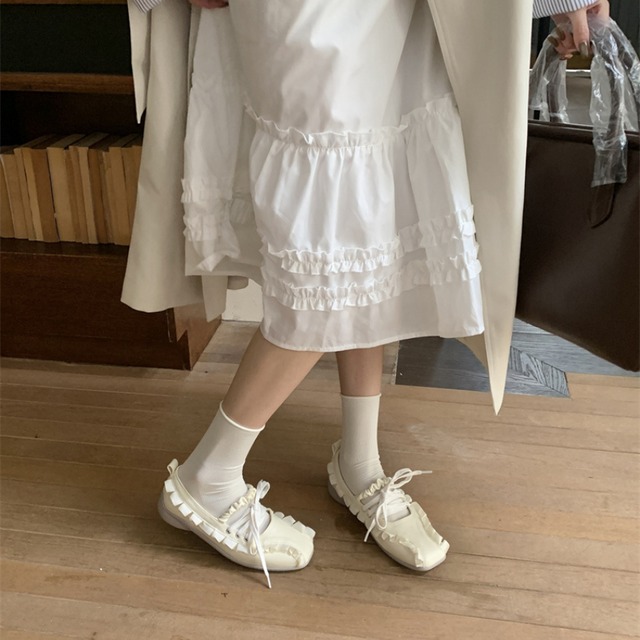 frill design ribbon square toe flat shoes J00046