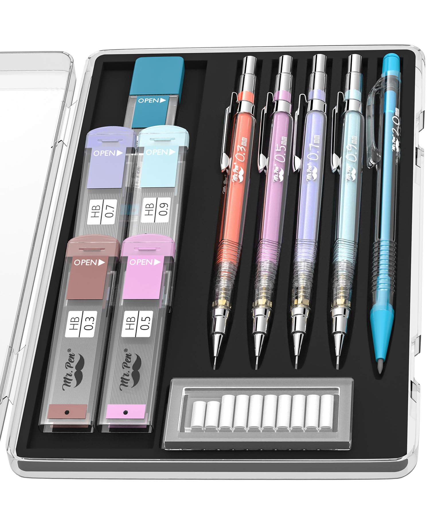 Mr. Pen- クリアバレル 0.3 0.5 0.7 0.9 2mm パステルシャープペンシルセット ブラック芯と消しゴムリフィル付き かわいいシャープペンシルセット エステティックシャープペンシル