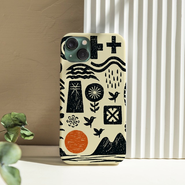受注生産 iPhoneケース 白黒の太陽と波の民芸柄｜記号モチーフ FMSY119B