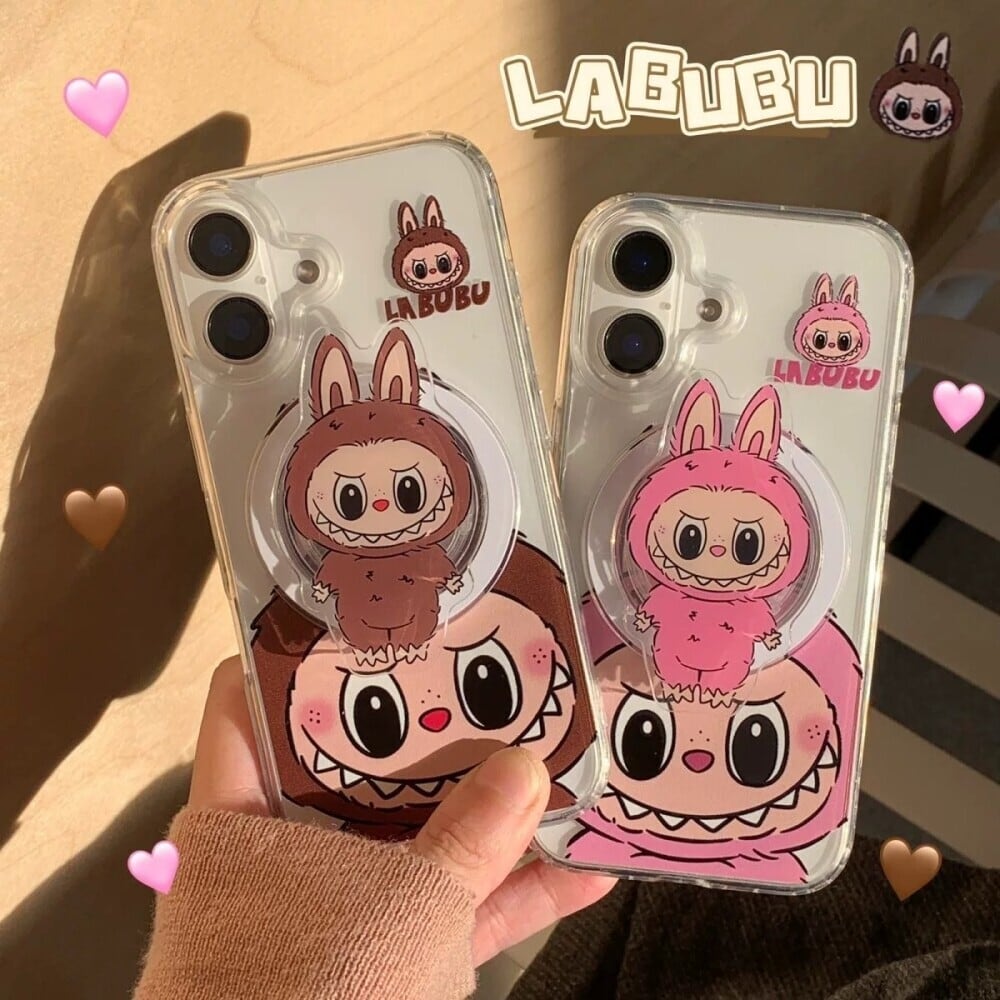伸縮式マグネットスタンド付き!でか頭ラブブ ケース 2in1 labubu iPhone S23Ultra対応 ペアギフトに 取り外し簡単 実用的 ペアで使える 便利で可愛い