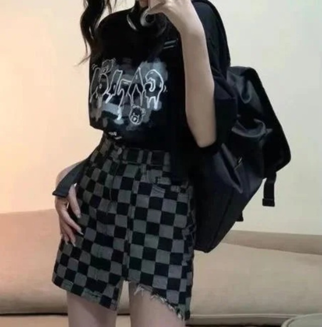 Y2Kファッション 平成レトロ 韓国風 ハイウエスト グランジ ダメージデニム ミニスカート 台型スカート 市松模様