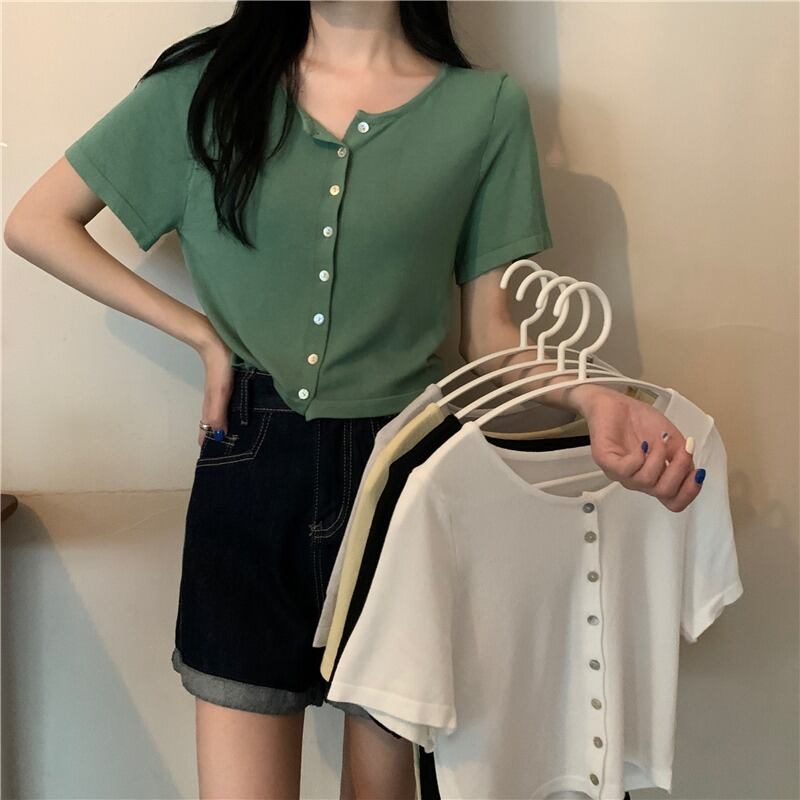 スタンダード薄手ニットカーディガンショートソリッド カラークロップトップ トップス レディース レトロ ソリッドカラー ハンチェンe25879959631