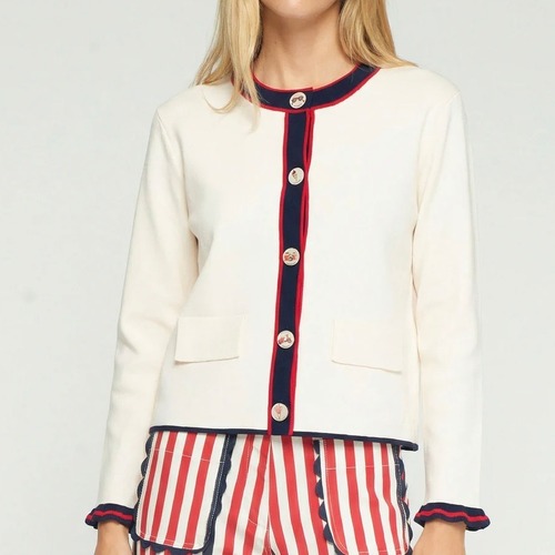 VILAGALLO オフホワイトトリコロールトリミングサマーニットカーディガンジャケット SPAIN:VIL33478¥28.000＋tax