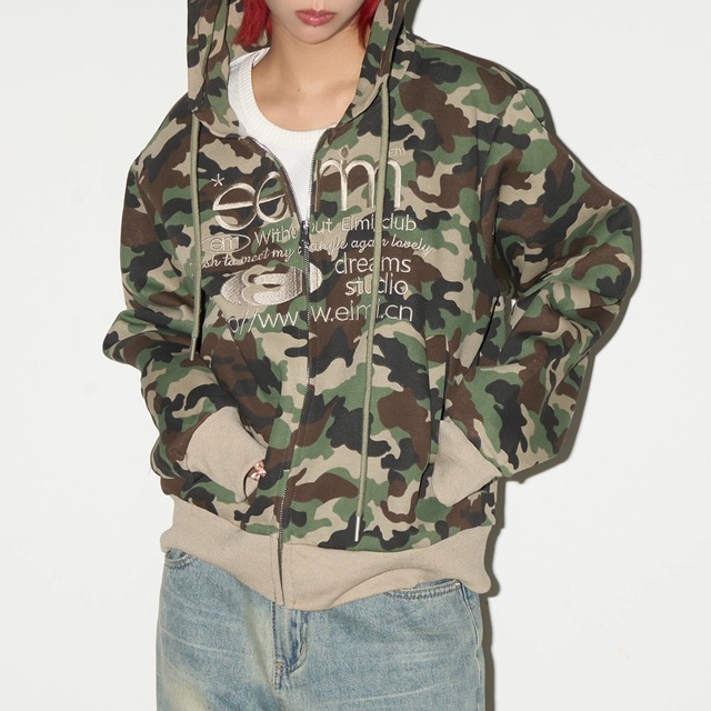 カモフラージュ柄フーデッドパーカーB0348