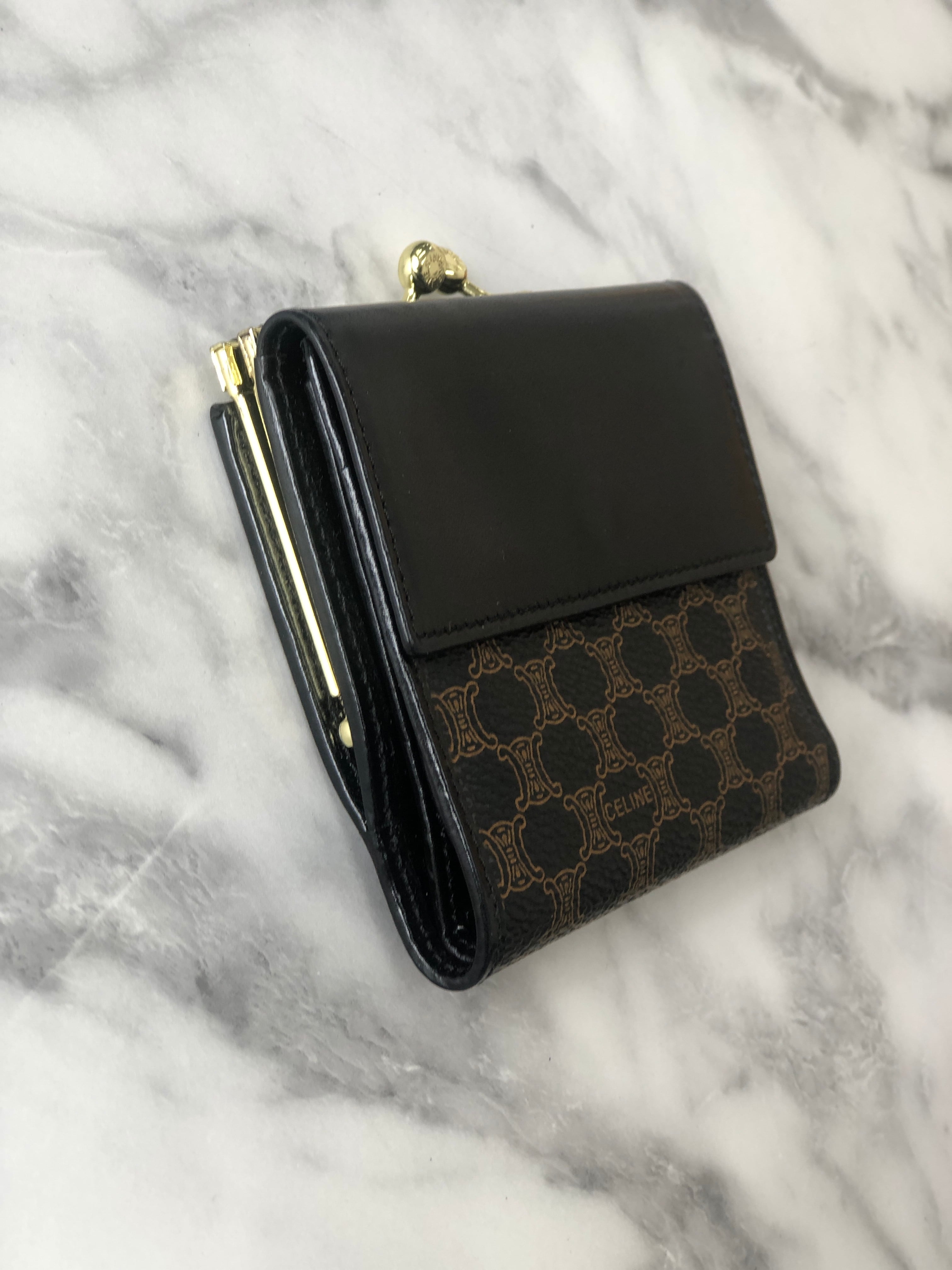 CELINE セリーヌ マカダム PVC レザー がま口 コンパクトウォレット 