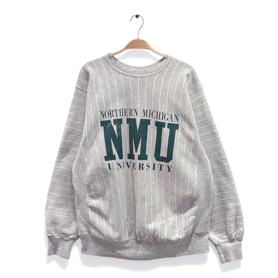 90s MVP リバースウィーブタイプ USA製 ヴィンテージ スウェット ストライプ グレー カレッジ NMU サイズL 古着 CF1022