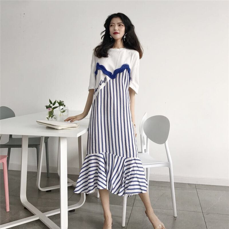 スタイルドレスレディース2020年春新夏ドレスストライプステッチミドル丈ルーズ半袖スカートトレンド 1号婦人7672746263