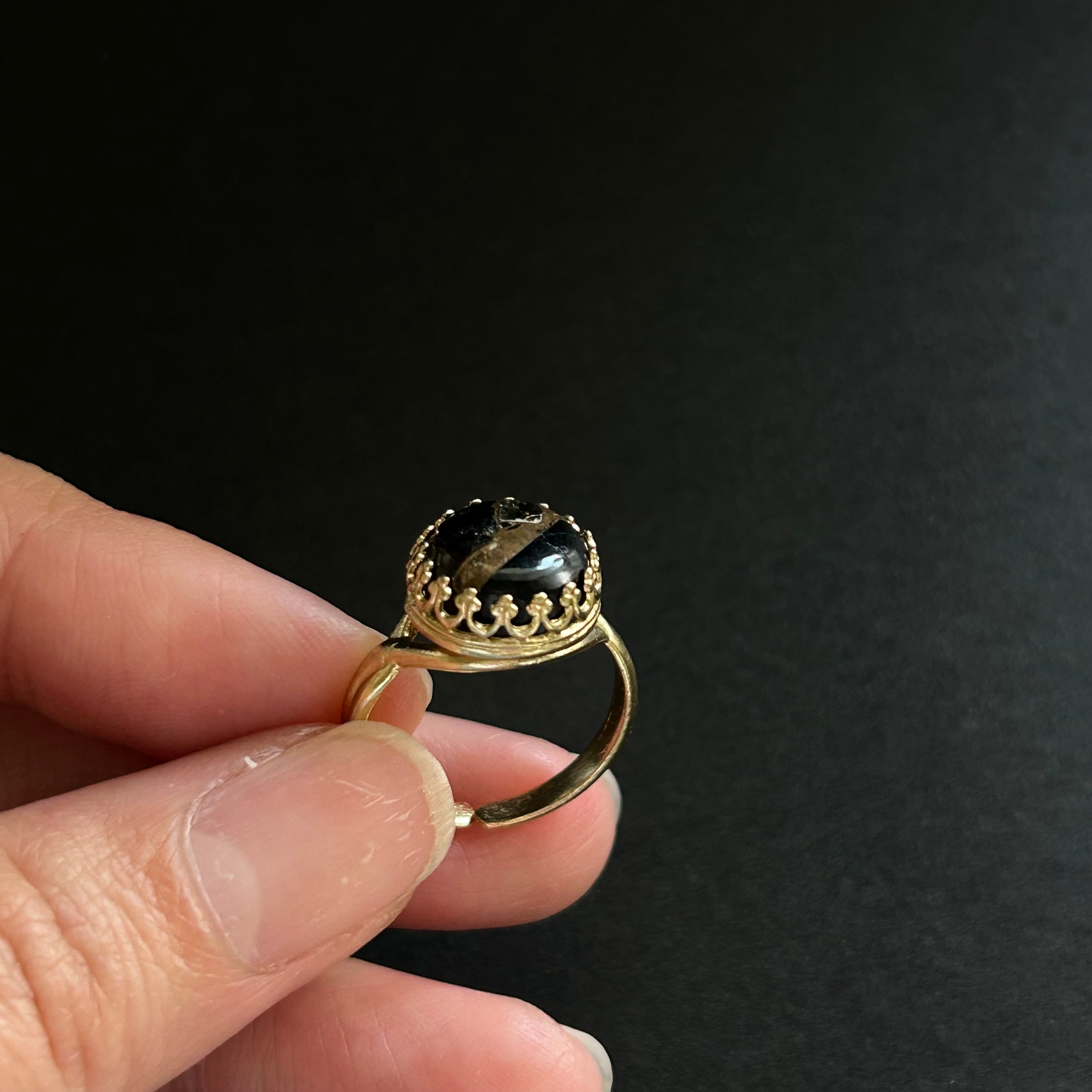 真鍮】 コッパーオブシディアンリング クラウン 天然石 指輪
