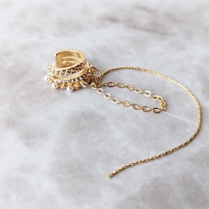 perl long chain year cafe 14k／ パール ロング チェーン イヤーカフ