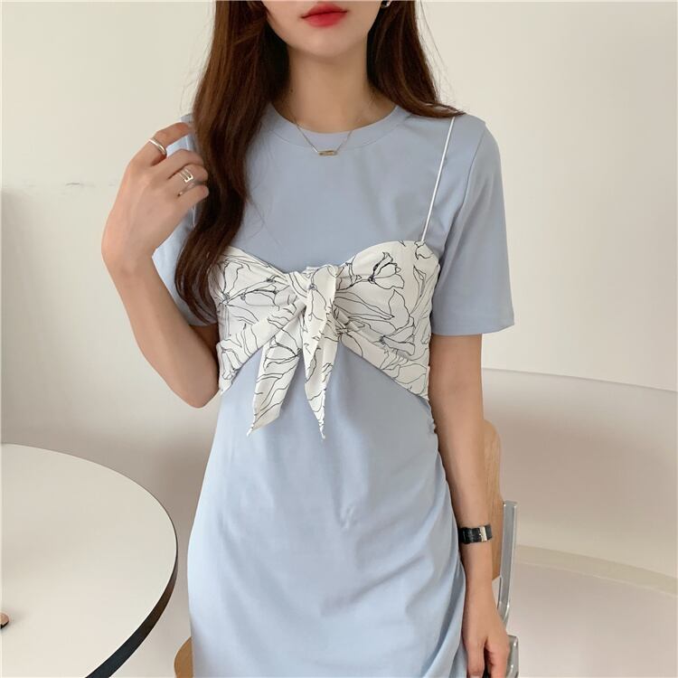 快適さが素晴らしいです 韓国ファッション スリム 半袖 ワンピース プリント ベアトップ 2点セット