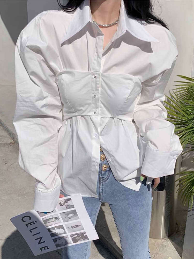 個性派セクシースタイルをメイク ベアトップドッキングシャツ きれいめ 大人可愛い クール 大きいサイズ 韓国 CH8915