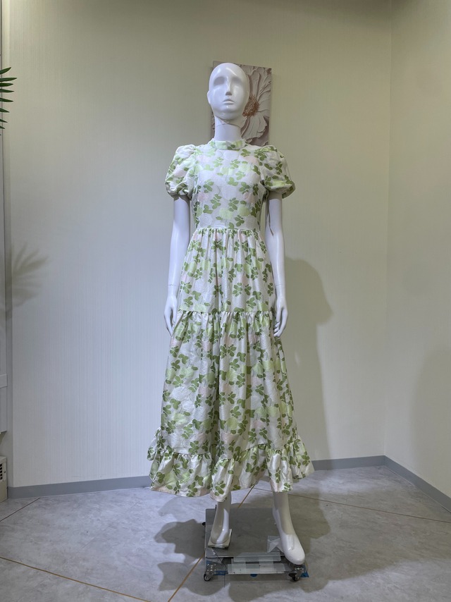 【新品DRESS 4816】花柄 パフスリーブ ハイネック ミモレ丈 フレア ロングドレス ホワイトグリーン【DREAM】