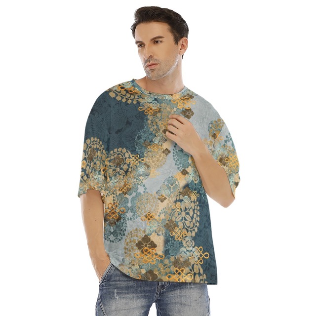 和紋様装飾　褐返月白色　和柄ユニセックス ドロップショルダーTシャツ