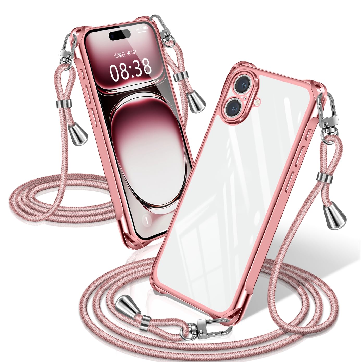 XIOYATY iPhone 17 対応 ケース クリア ショルダー メッキ調縁 ストラップ付き 紐付き 肩掛 四隅クッション カメラ保護