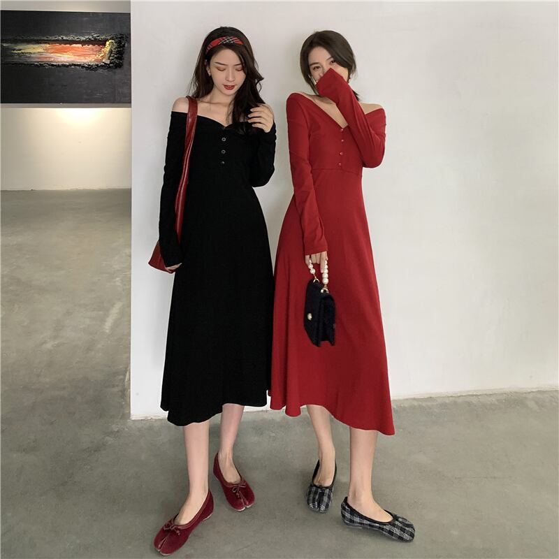 スカート スプリングスタンダードカラーAラインウェストドレス ロング レトロ 春物 ドラファッションホール20391158731