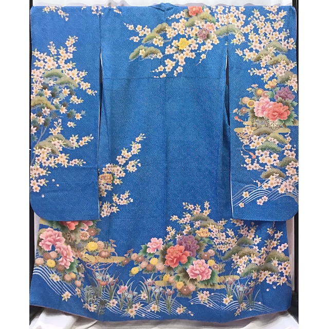 着物・振袖・絞り・花車・青系地・襦袢付・No.200701-2166・梱包サイズ80