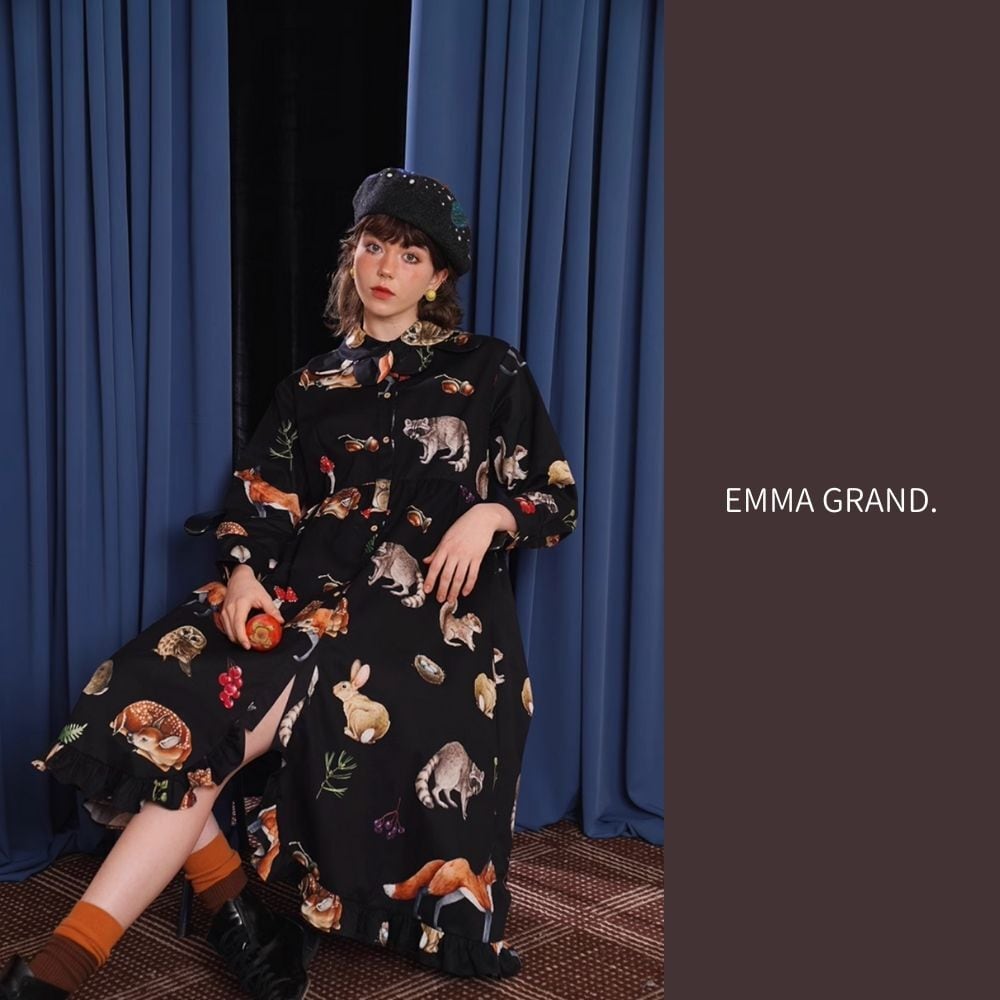 森の動物達を集めた花びら襟の裾フリルシャツワンピース E00513 | EMMA