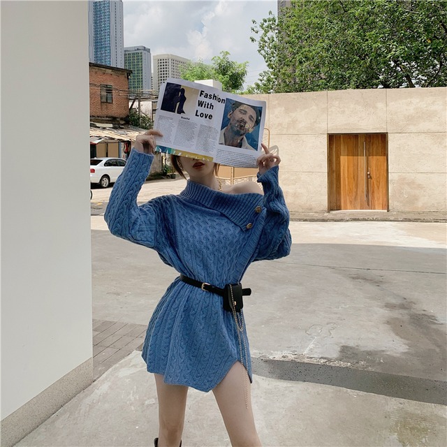 ニットワンピース 3way ワンショルダー オフショルダー ハイネック ニット タートルネックニット ニットワンピ ニットワンピース 冬 ニット ワンピース セクシー ニットワンピース 秋冬 ニットワンピース ミニ バイカラー カジュアル 韓国 オルチャン 韓国ファッション