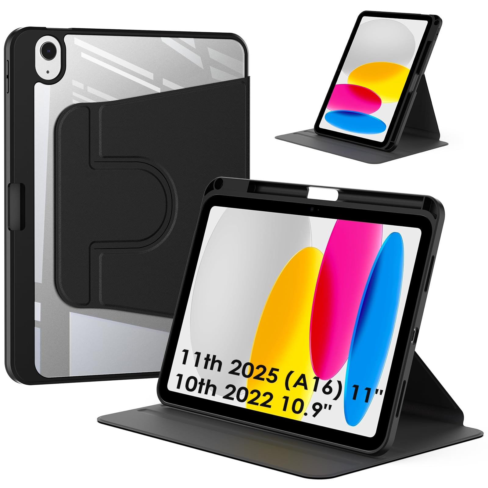 Bigqin iPad 11th 2025 (A16) 11"/ 10th 2022 10.9" 対応カバー 360運転スタンド機能付きタブレットPCケース ペンシル収納 オートスリープ機能 全面保護ケース 耐衝撃 擦り傷防止, ブラック