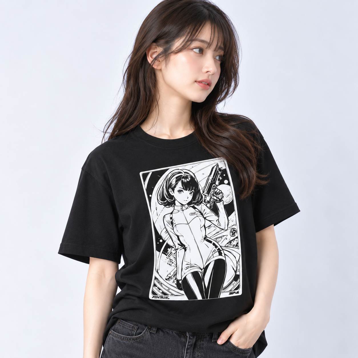 全5色/XXL] レトロSF アニメ風 女性イラスト 黒Tシャツ メカ