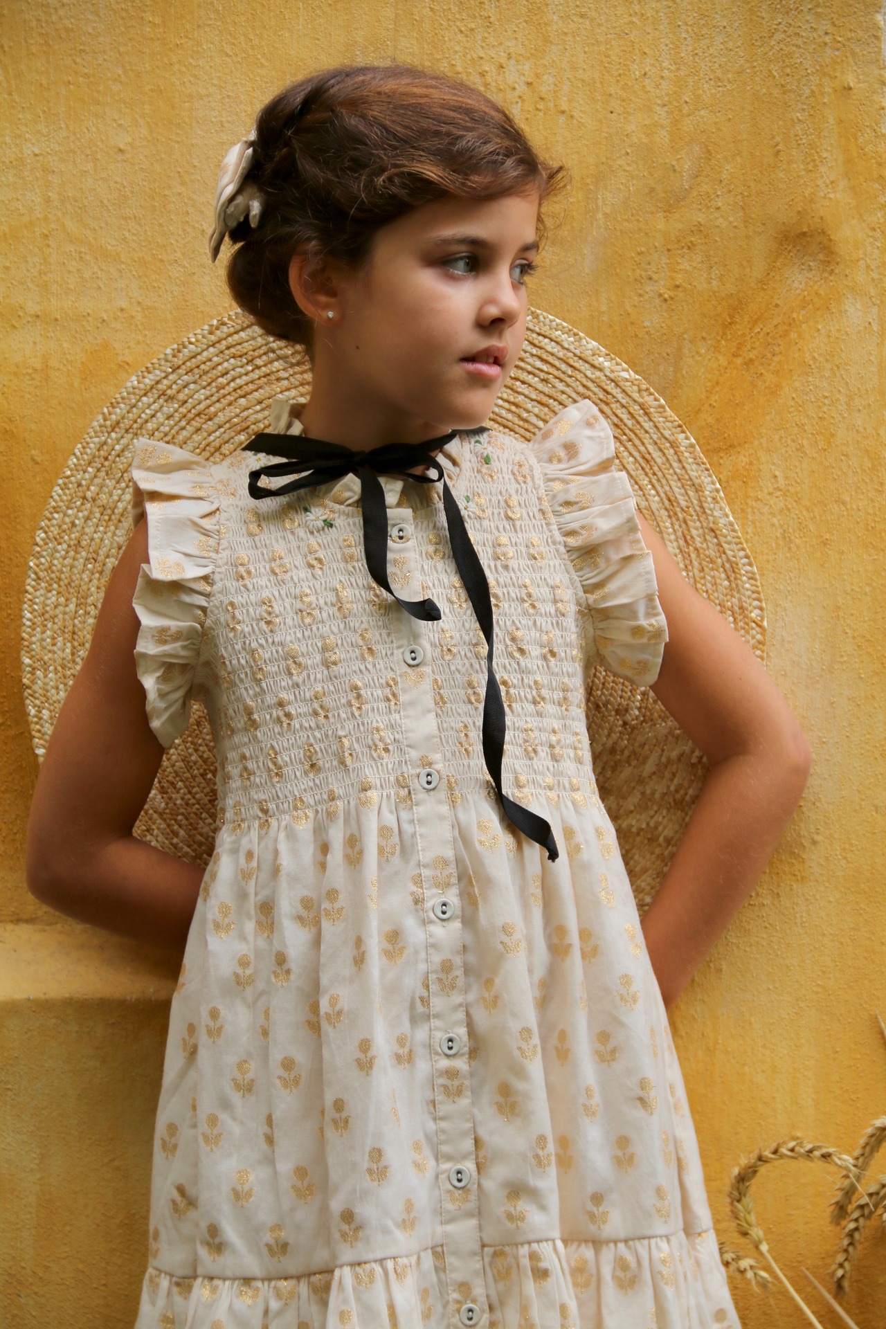 Ibiza Dress Flowers lurex ecru Chanderi 4y,6y /  Bonjour Diary