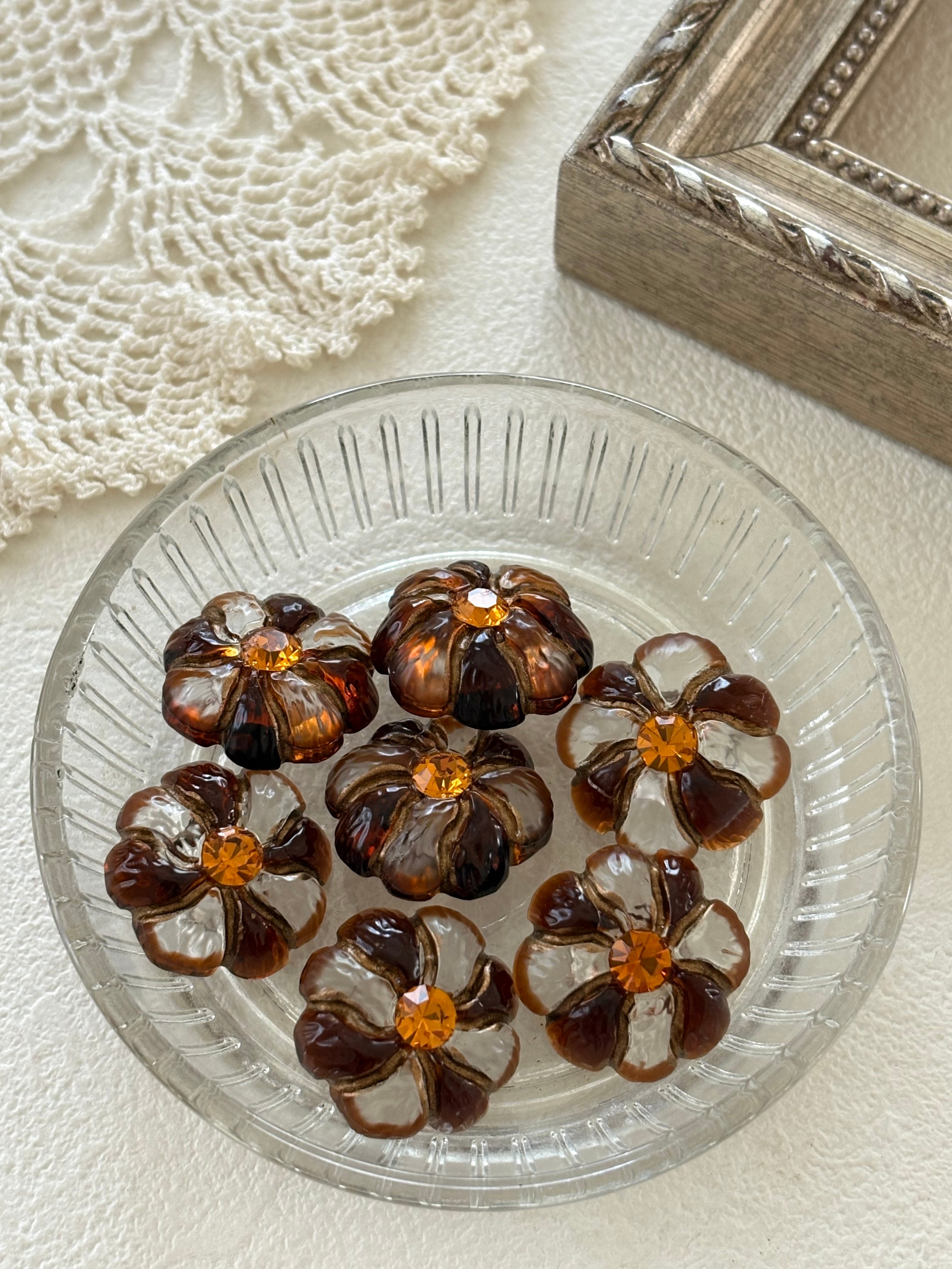 20mm Japanese ヴィンテージボタン フラワー ブラウン×クリア ストーン アクセサリーパーツ 装飾材 カルトナージュ