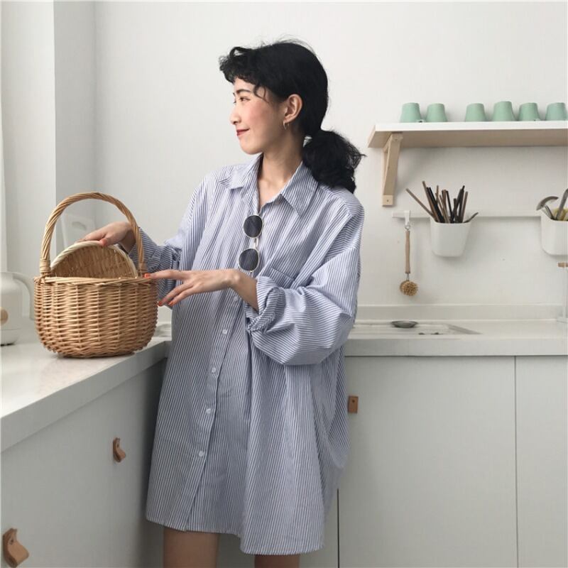 ストライプシャツ レディーススタンダードスプリングオータムルーズジャケット ロング レトロ 春物 秋物 YY-ファッション66653088134