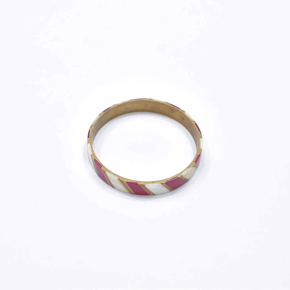 インド製 Used エスニックデザイン 真鍮 ブラス インレイワーク バングル ブレスレット ストライプ 腕輪 レッド ホワイト ゴールド ヴィンテージ ビンテージ 古着 ユニセックスデザイン