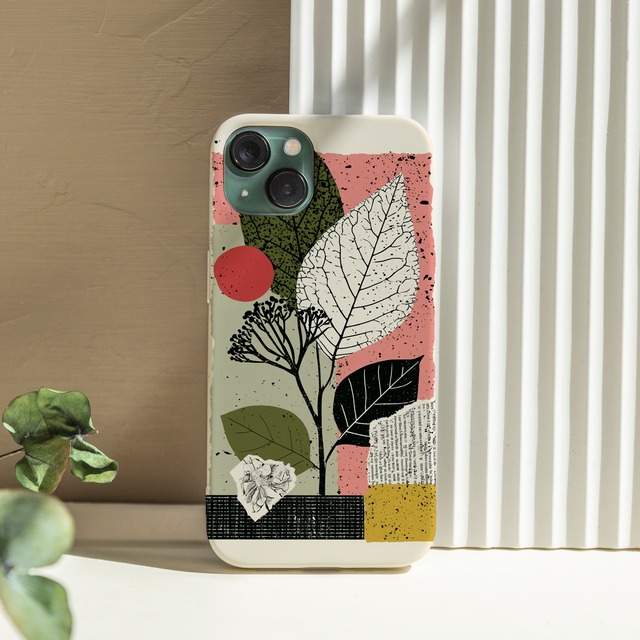 受注生産 iPhoneケース 白い葉とピンクの紙片コラージュ｜ボタニカルZINE ZINE009B