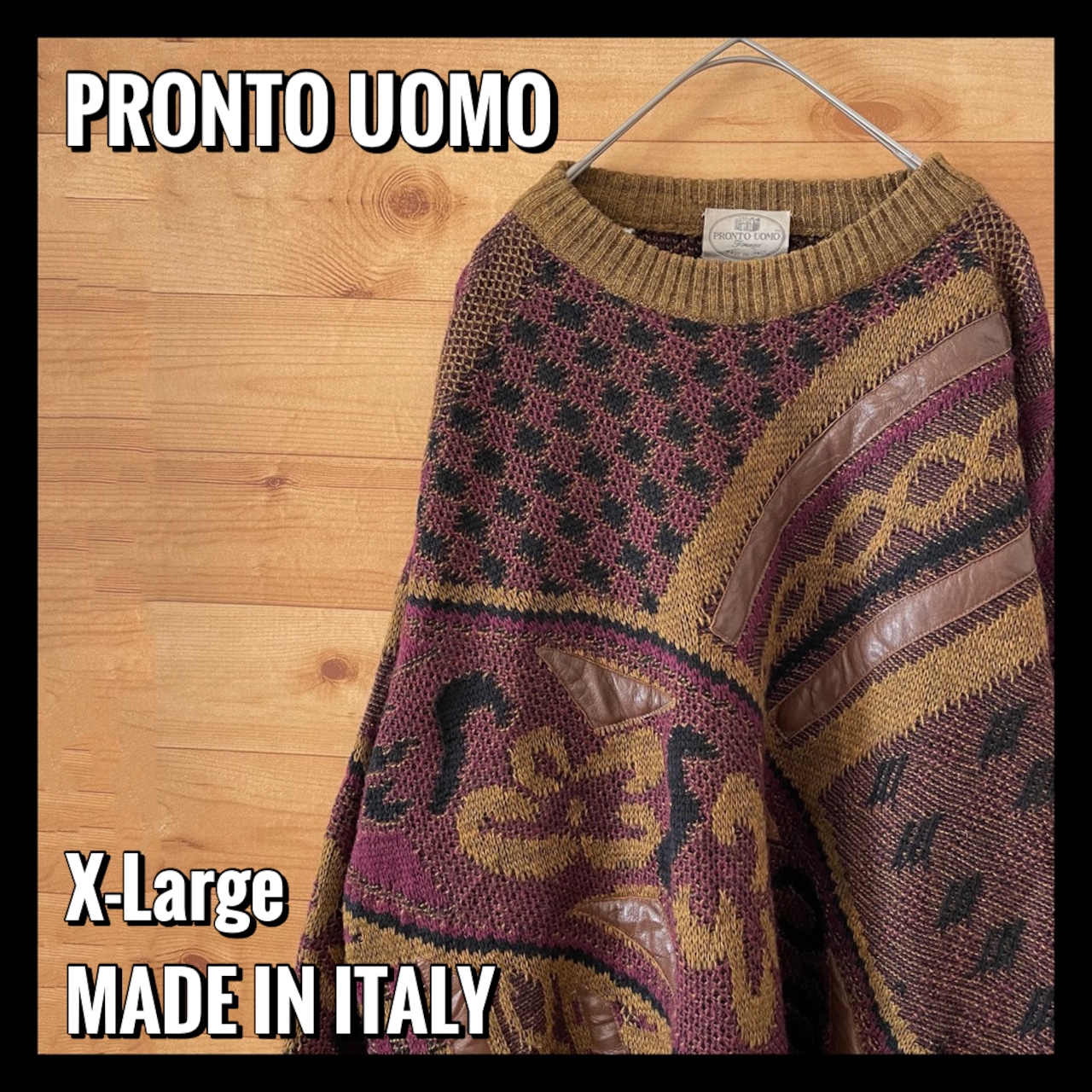 【PRONTOUOMO】イタリア製 ニットセーター 柄ニット たけしニット レザー 切替 総柄 80s EU古着 ヨーロッパ古着