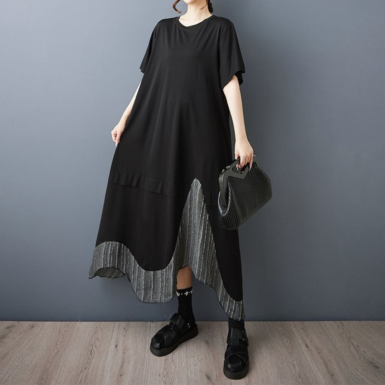 ストライプ切替 アシメワンピース  30210