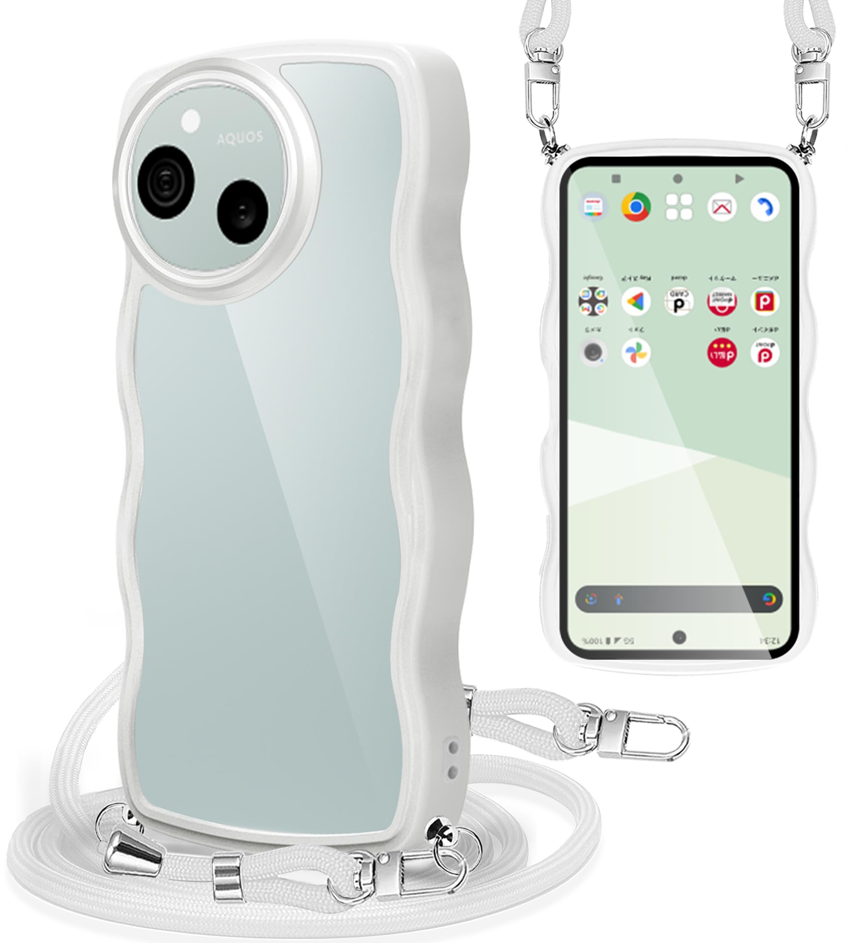 AQUOS sense9 / sense10 ケース ショルダー SH-53E | SHG14 | SH-M29 | SH-53F スマホケース 耐衝撃 クリア 波型 かわいい アクオスセンス9 / 10 カバー 肩掛け 斜めかけ 紐付き 織りストラップ付き 長さ調整可能 取り外し可能 (ホワイト)