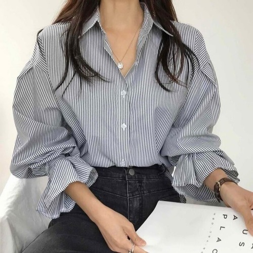 ストライプ柄 キャンディスリーブ ブラウス 2color