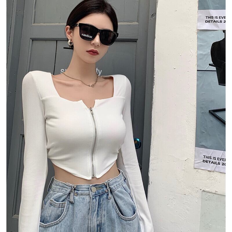 サマースリムカラージッパーカーディガンショートTシャツ トップス レディース ロング 夏物 スクウェア ガールズファッション2346350278